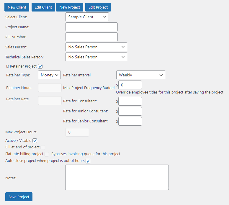 New Project settings