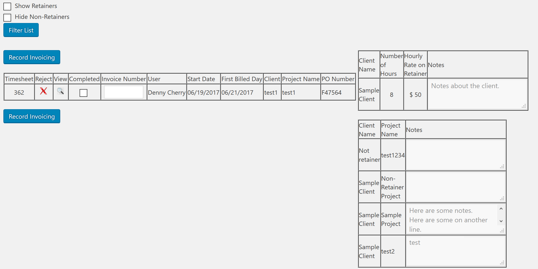 Invoicing time sheet recording screen