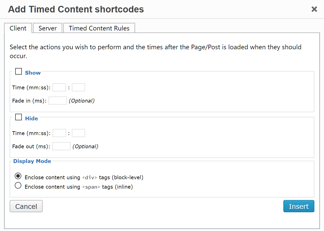 The "Add Timed Content shortcode" dialog showing the Client tab.  Check the attribute you want to add and fill in the textboxes.