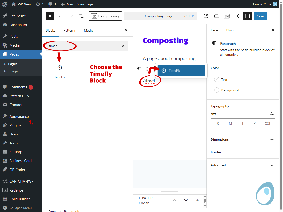 TimeFly block in the editor showing visibility controls and status indicator