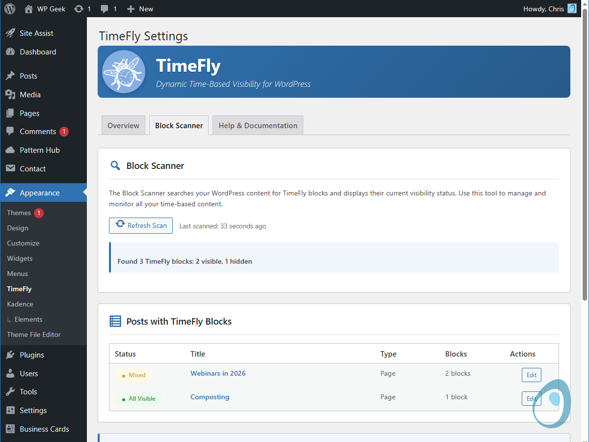 Block Scanner showing all TimeFly blocks across your site with visibility status