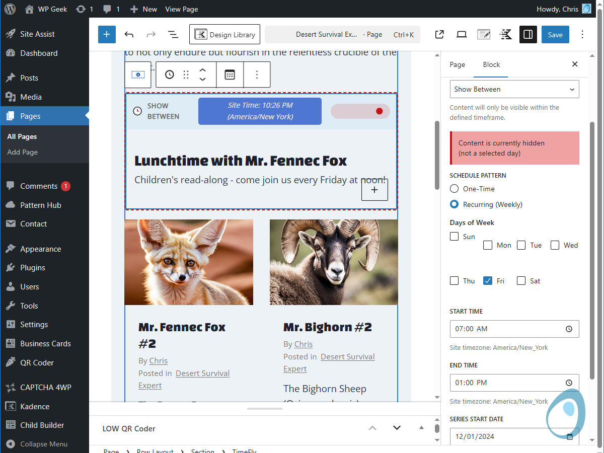 Recurring weekly schedule configuration for business hours