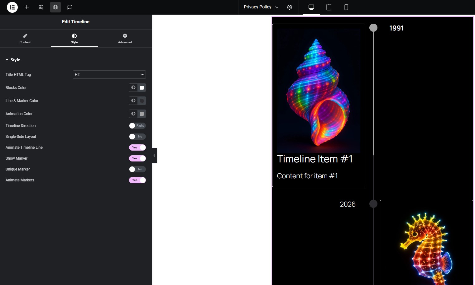 Timeline widget in Elementor.