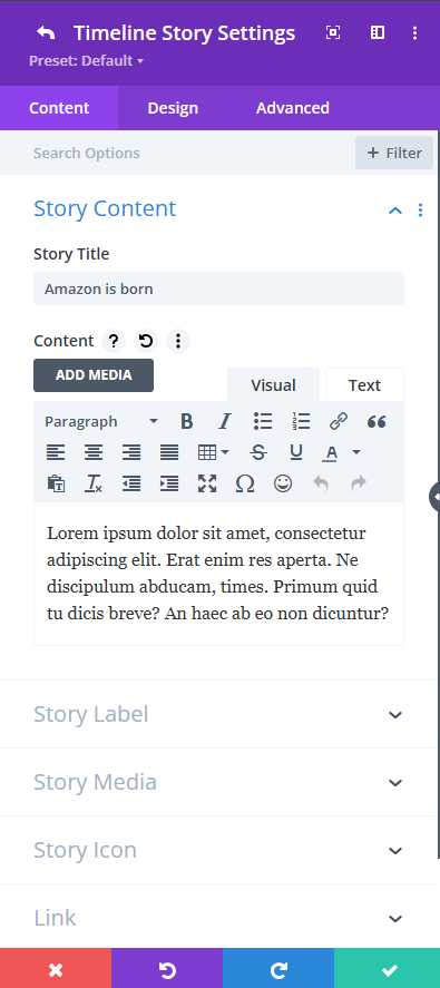 Timeline Module For Divi Single Story preview.