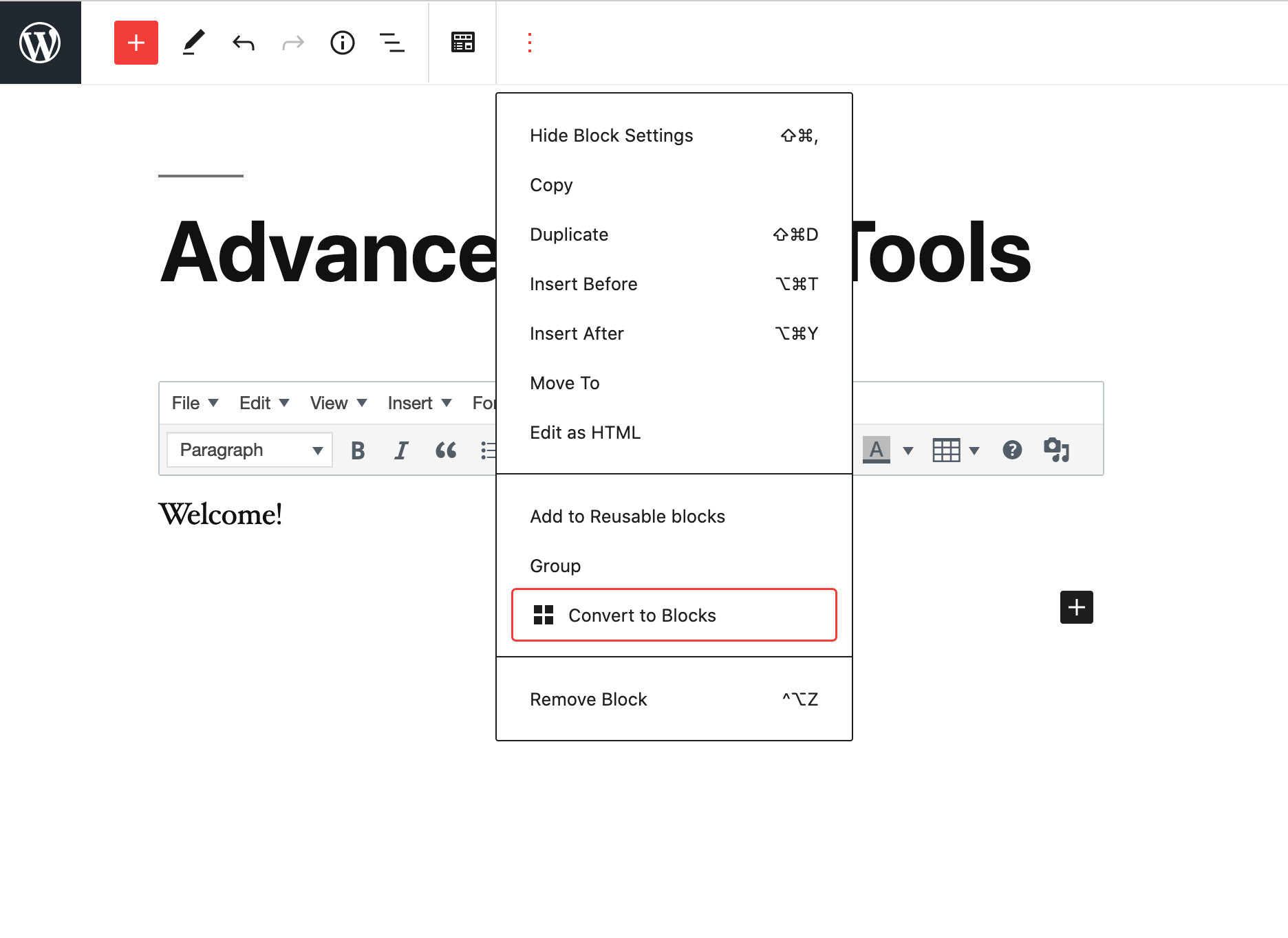 Converting the content of the Classic Paragraph block into separate blocks.