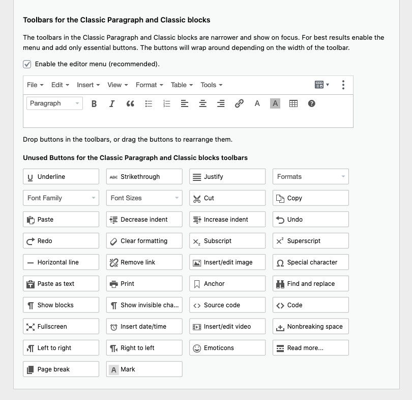 Settings for the toolbars in Classic Paragraph and Classic blocks.