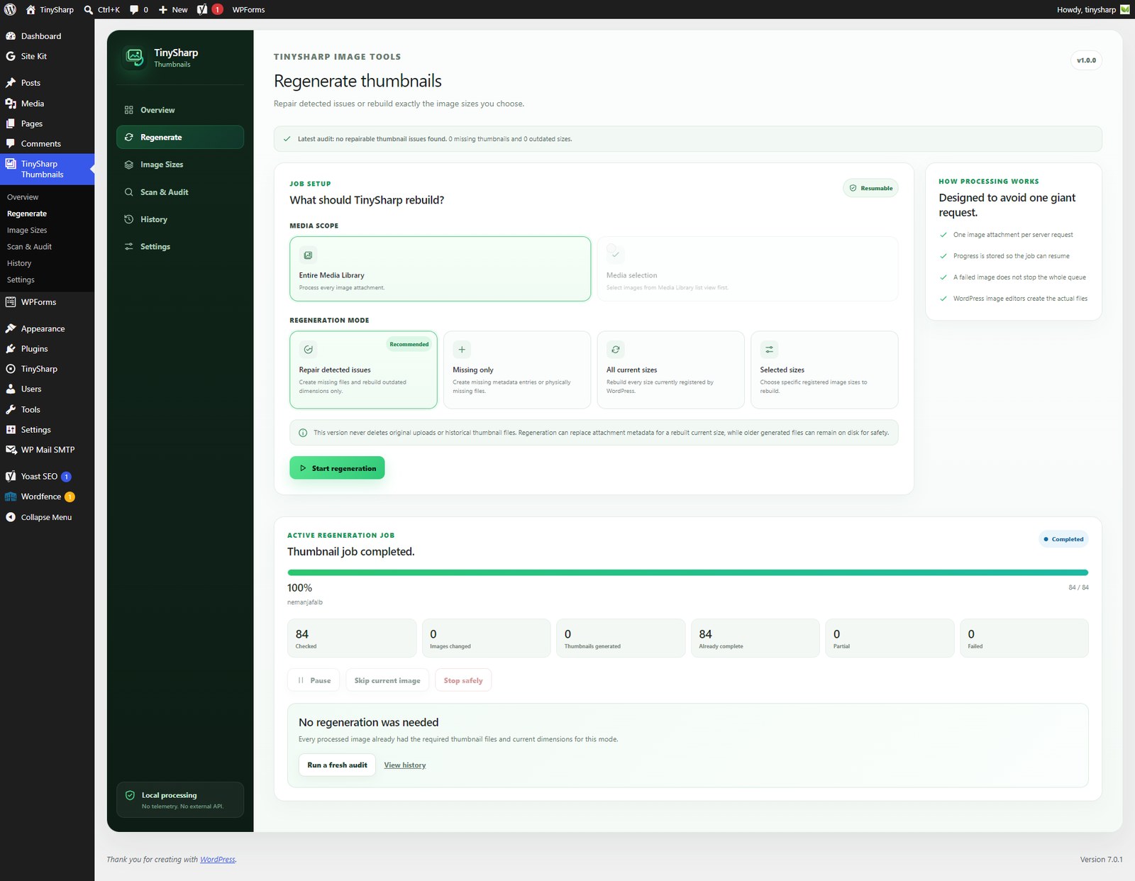 Regeneration workflow with Repair, Missing only, All current sizes, and Selected sizes modes plus resumable job progress.