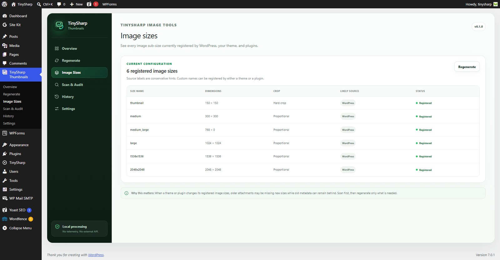 Registered WordPress image sizes with dimensions, crop behavior, likely source, and current status.