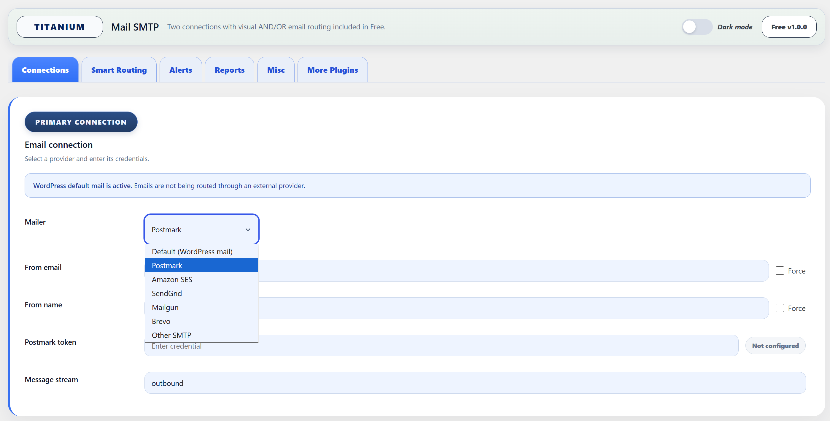 Primary Connection settings with provider selection, sender details, credentials, message stream configuration, and WordPress default mail support.
