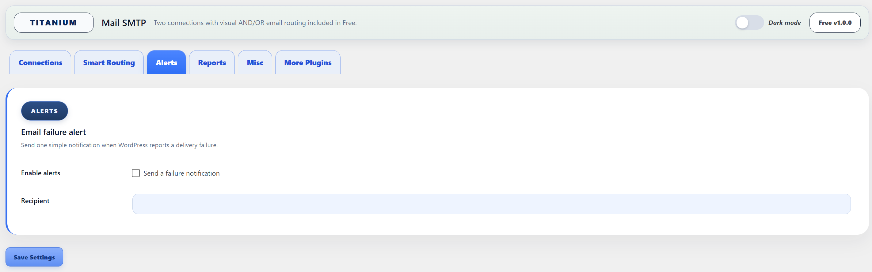 Email failure alert settings with an enable option and configurable notification recipient.
