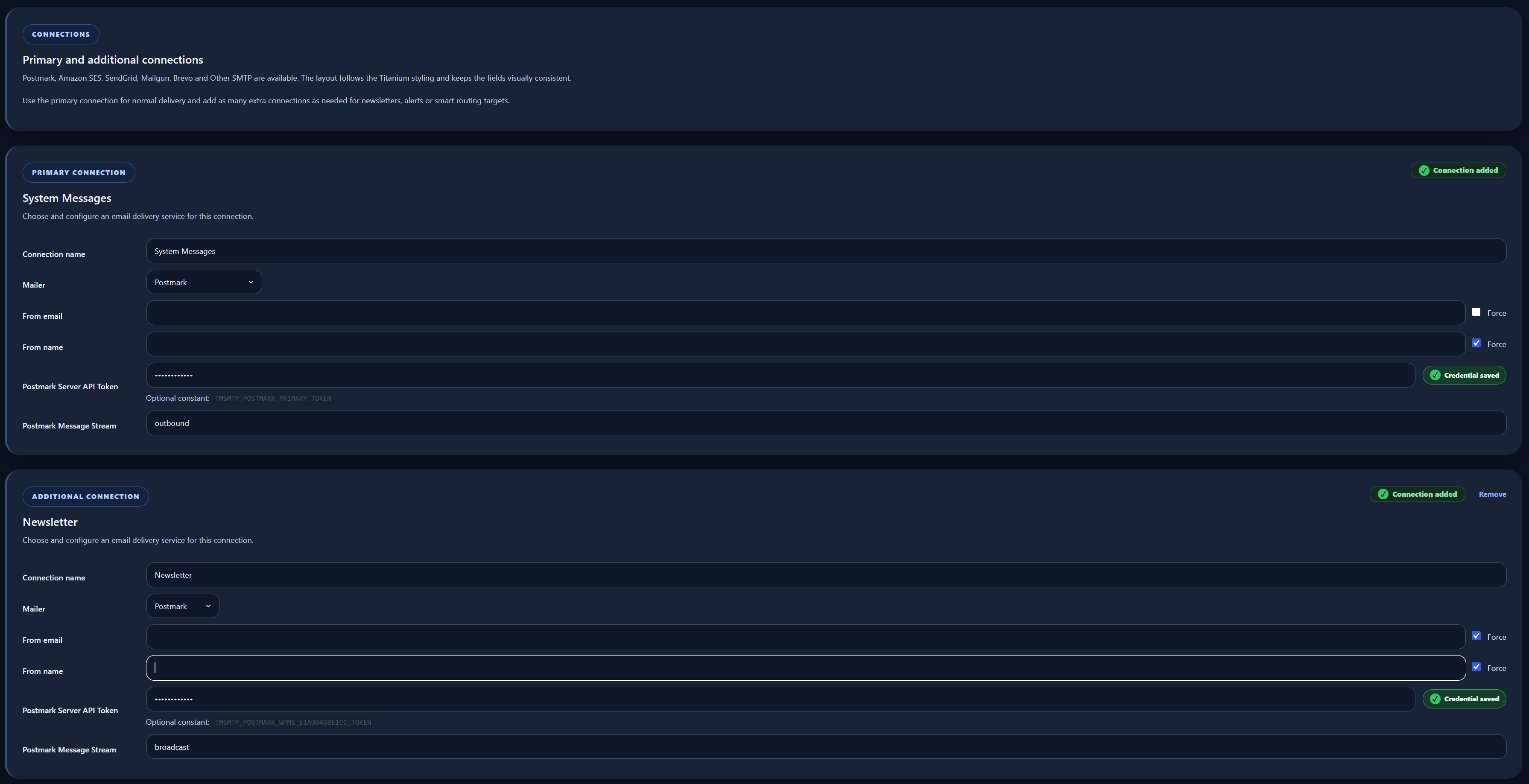 Primary and additional connection management with separate names, providers, sender details, credentials, and message streams.
