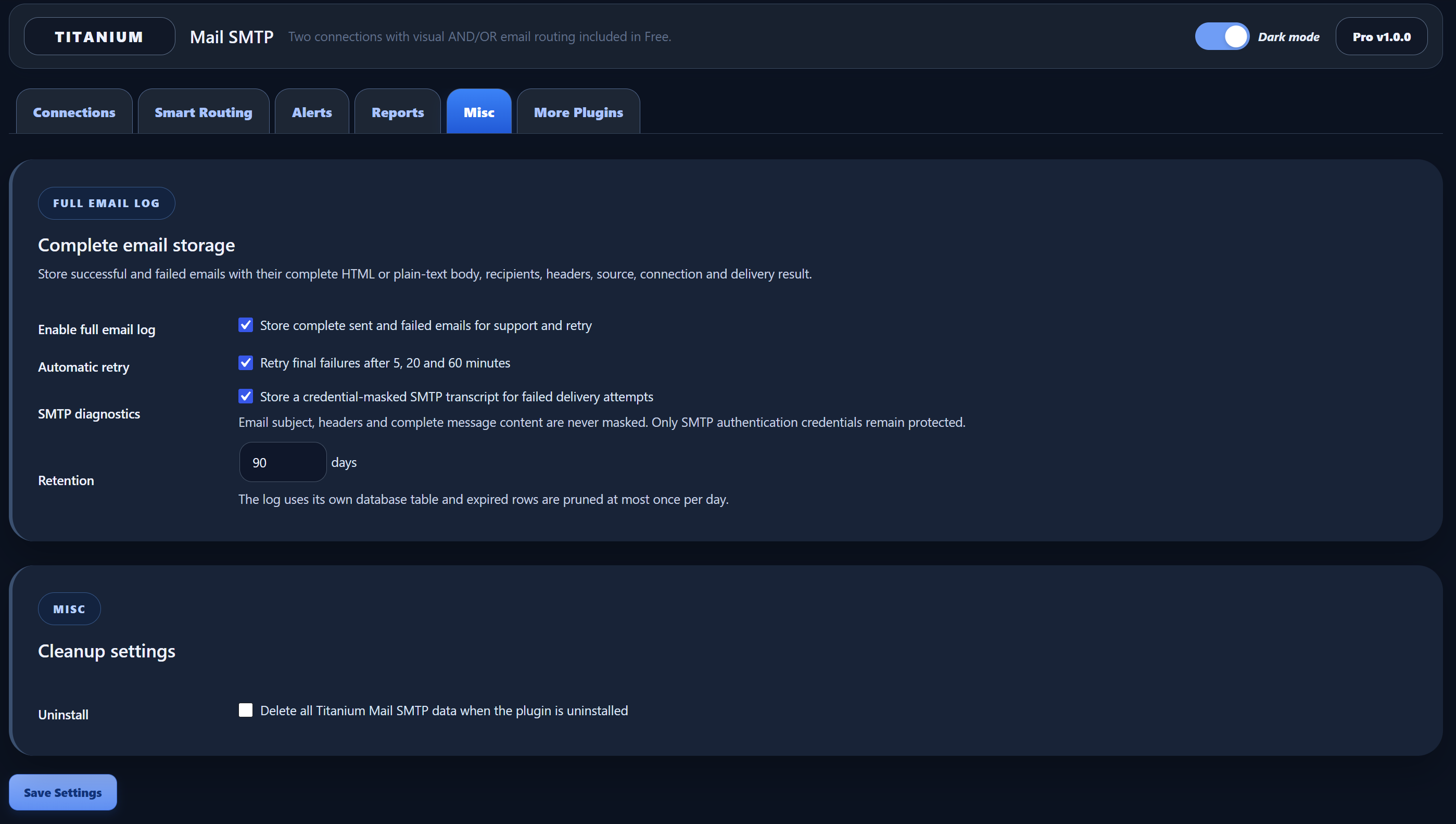 Complete Email Log settings with automatic retry, SMTP diagnostics, retention controls, and uninstall cleanup options.