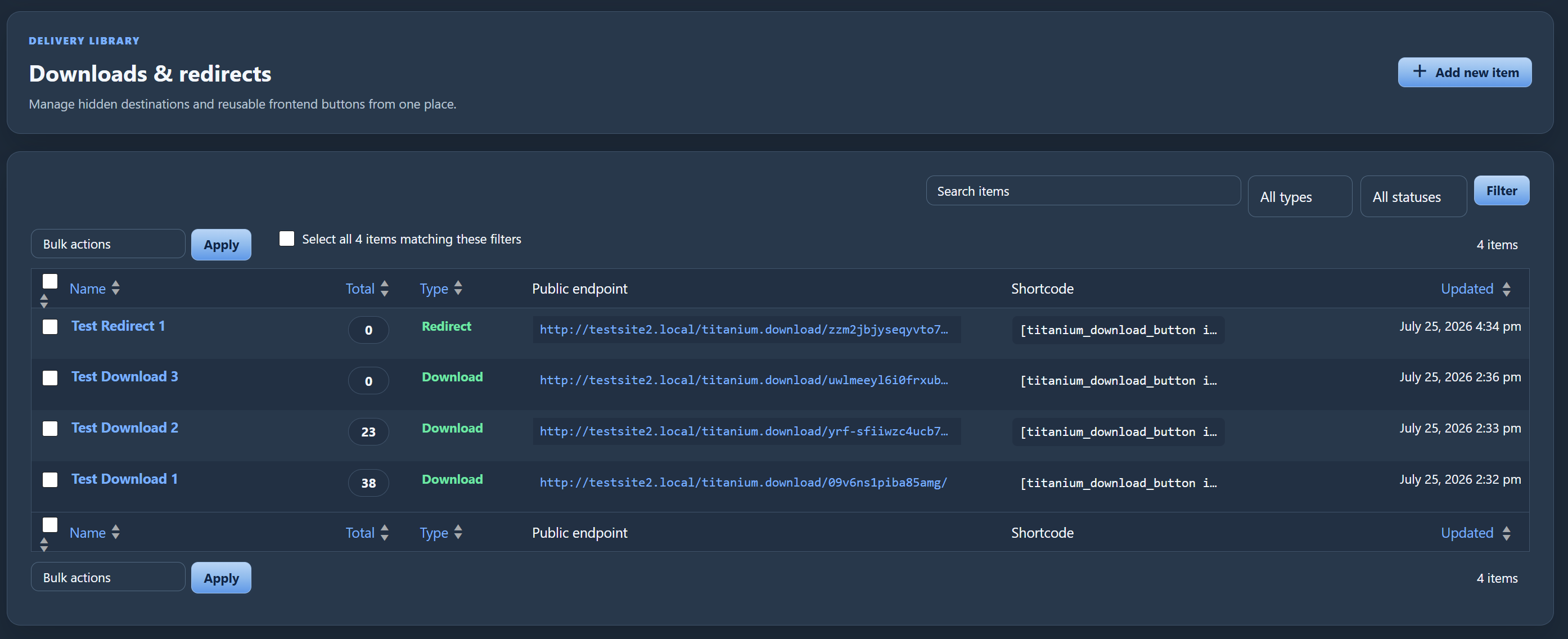 Manage all download and redirect items from one searchable list, with public endpoints, shortcodes, totals, filters and bulk actions.
