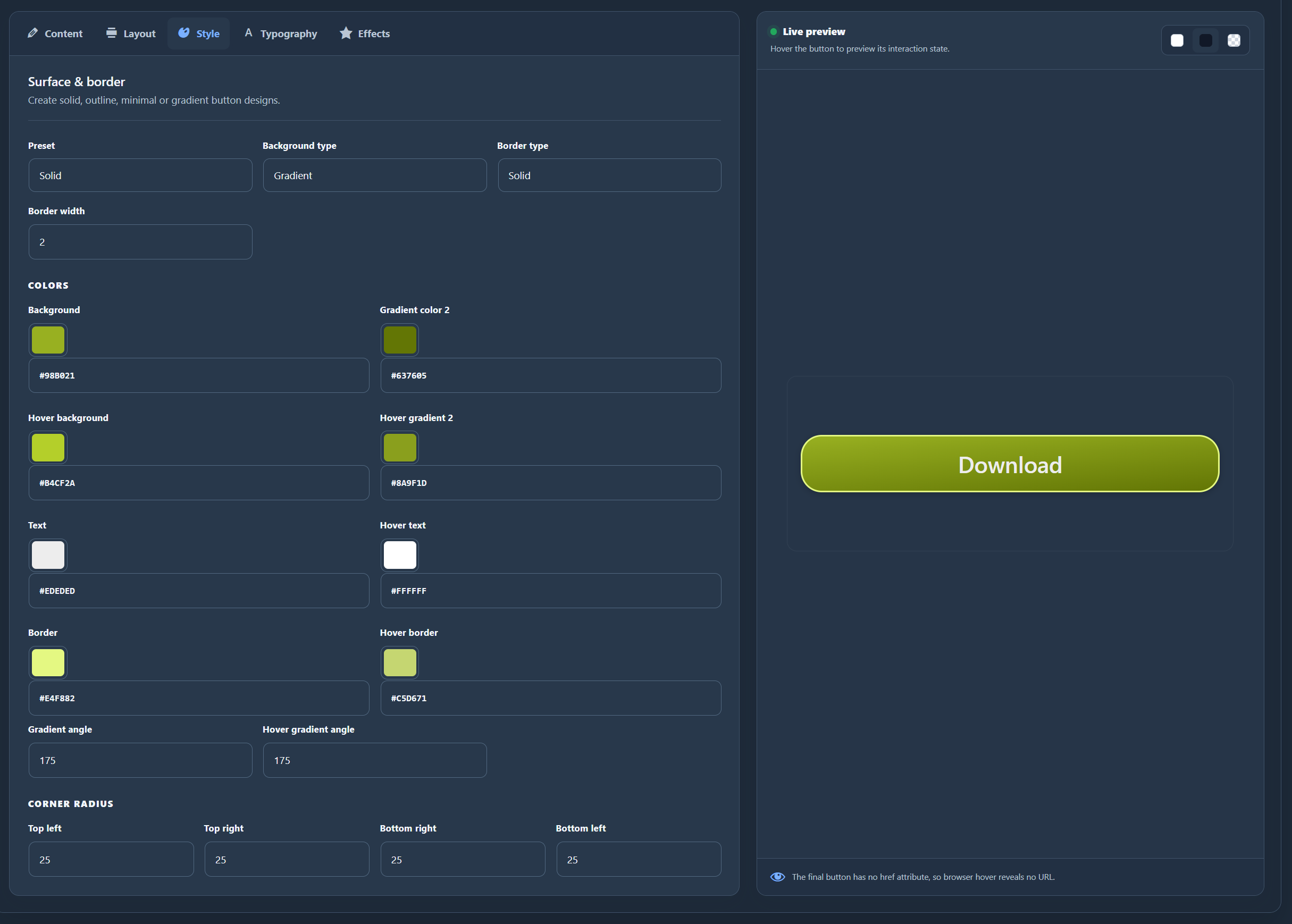 Design solid or gradient buttons with separate normal and hover colours, borders, corner radius and gradient angles.