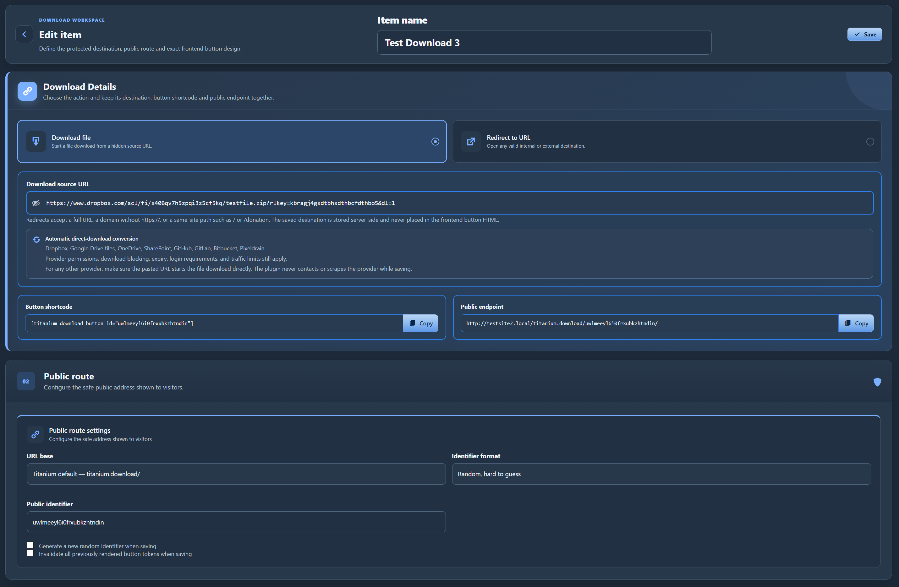 Create or edit a download item, keep the real destination URL private, copy its shortcode or public endpoint, and configure the public route.