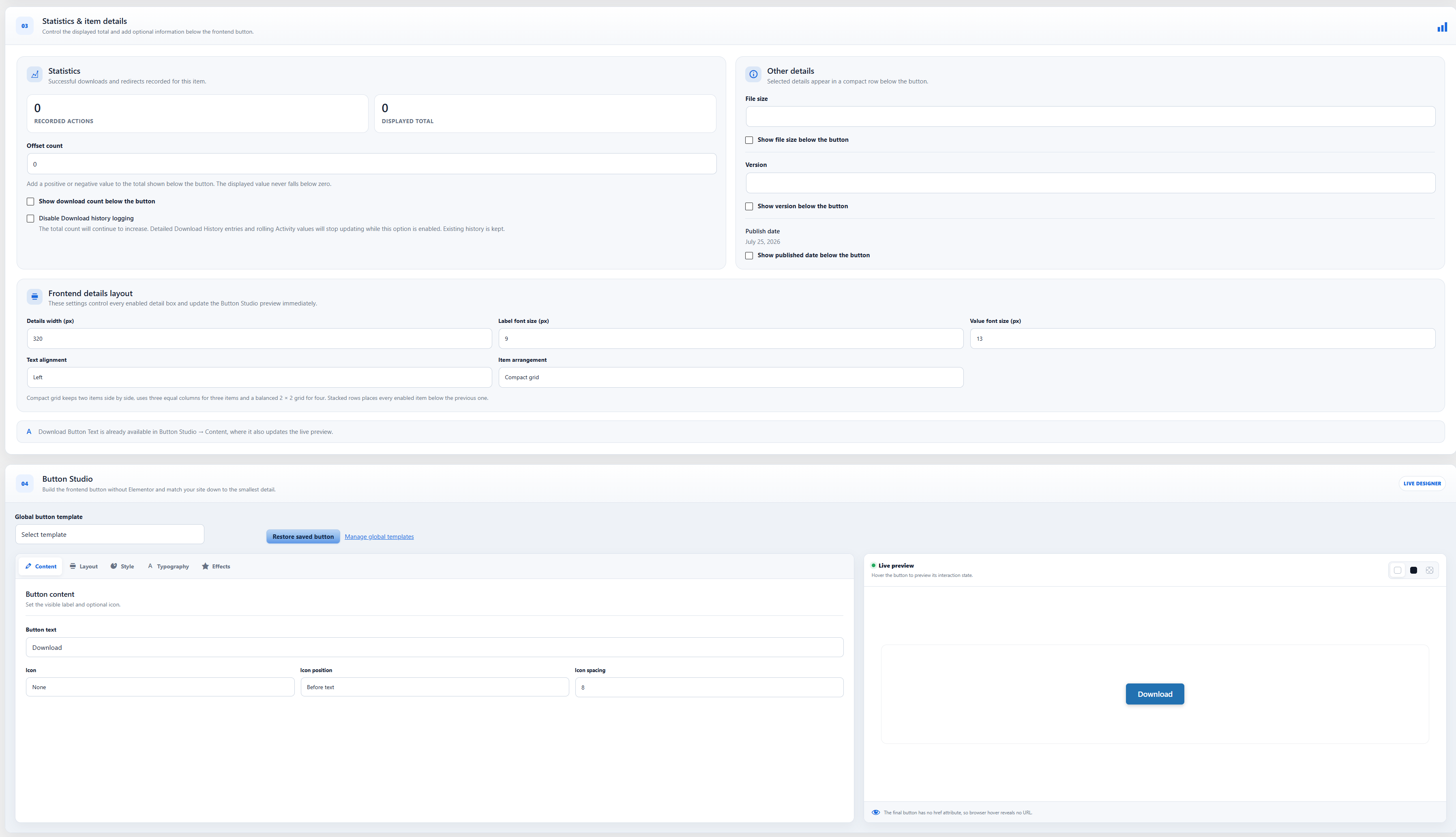 Display download totals, file size, version and publish date below the button, then customise the frontend details layout and button content with a live preview.