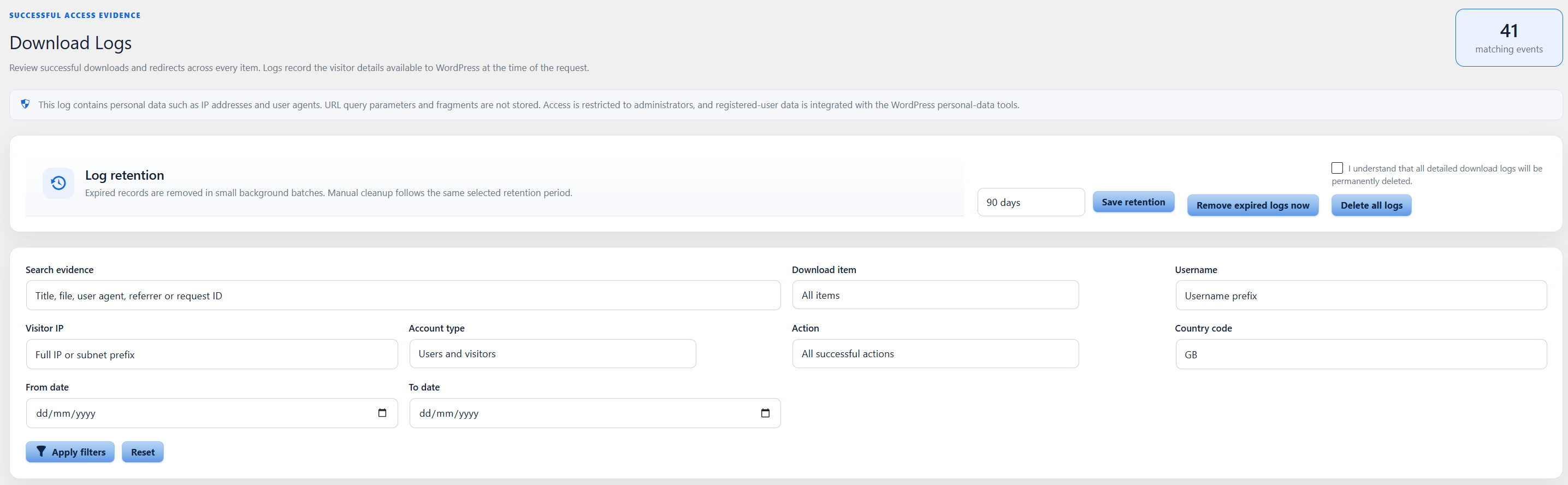 Search and filter successful download and redirect logs, manage log retention and remove expired or unnecessary records.