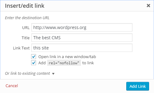 The insert link popup box when the plugin is activated.