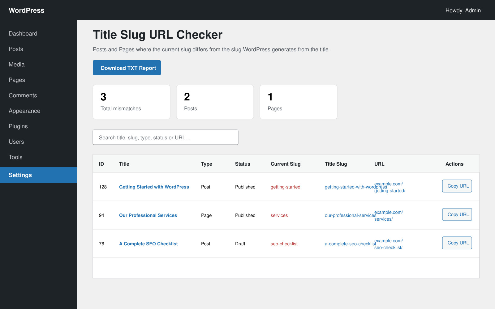The Title Slug URL Checker dashboard displays post and page slug mismatches with current and expected slugs.