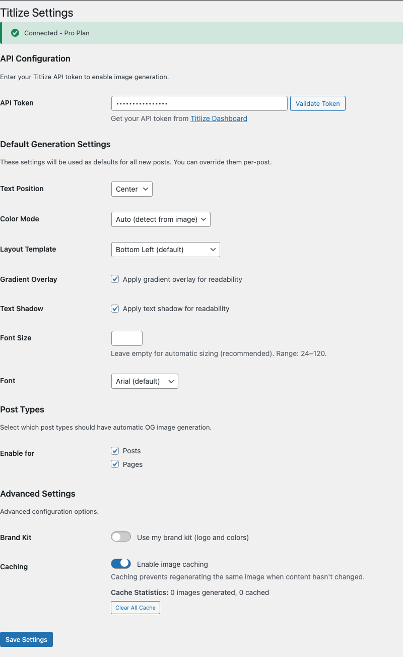 Settings page with API token configuration and default generation settings