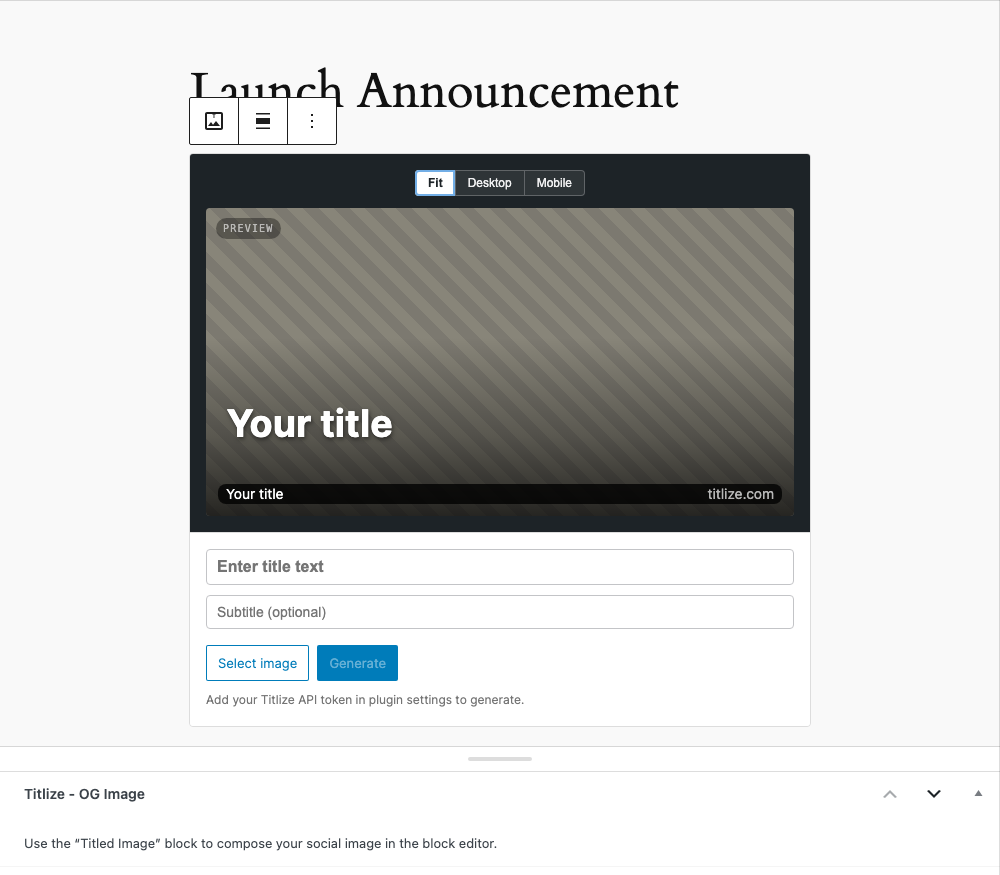 The Titlize block in the editor — compose a titled image with a live preview