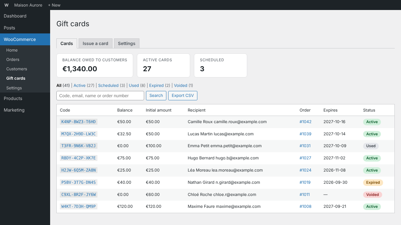 WooCommerce → Gift cards: balance owed, filters, search, export.