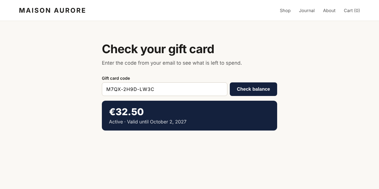The balance checker on the storefront.