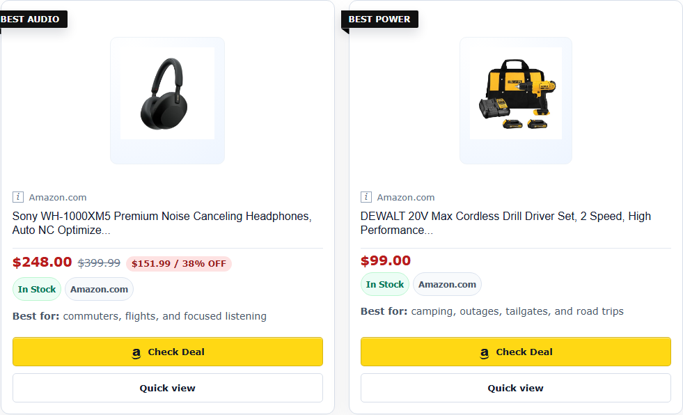 Best Picks Grid rendered on a live Tech My Money article with product images, Amazon data, savings, stock state, and CTA buttons.