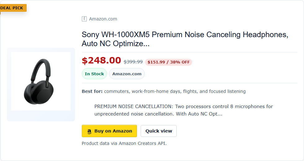 Product Box rendered on a live Tech My Money deal guide with image, seller, price, savings, stock, best-for copy, and quick-view action.