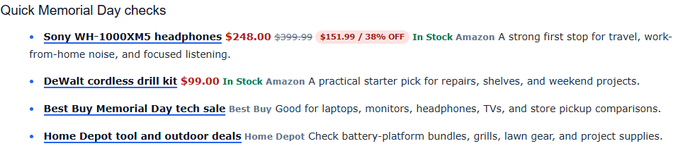 Fast Deal Checks list showing compact affiliate deal links with price, savings, availability, retailer, and editorial notes.