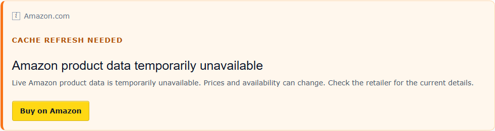 Cache-safe fallback state when Amazon product data is temporarily unavailable, keeping readers informed without showing broken fields.