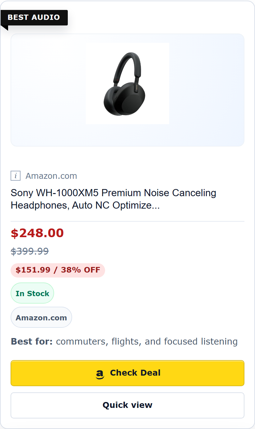 Mobile Product Box layout with a large product image, price, savings, stock badge, Amazon CTA, and quick-view button.