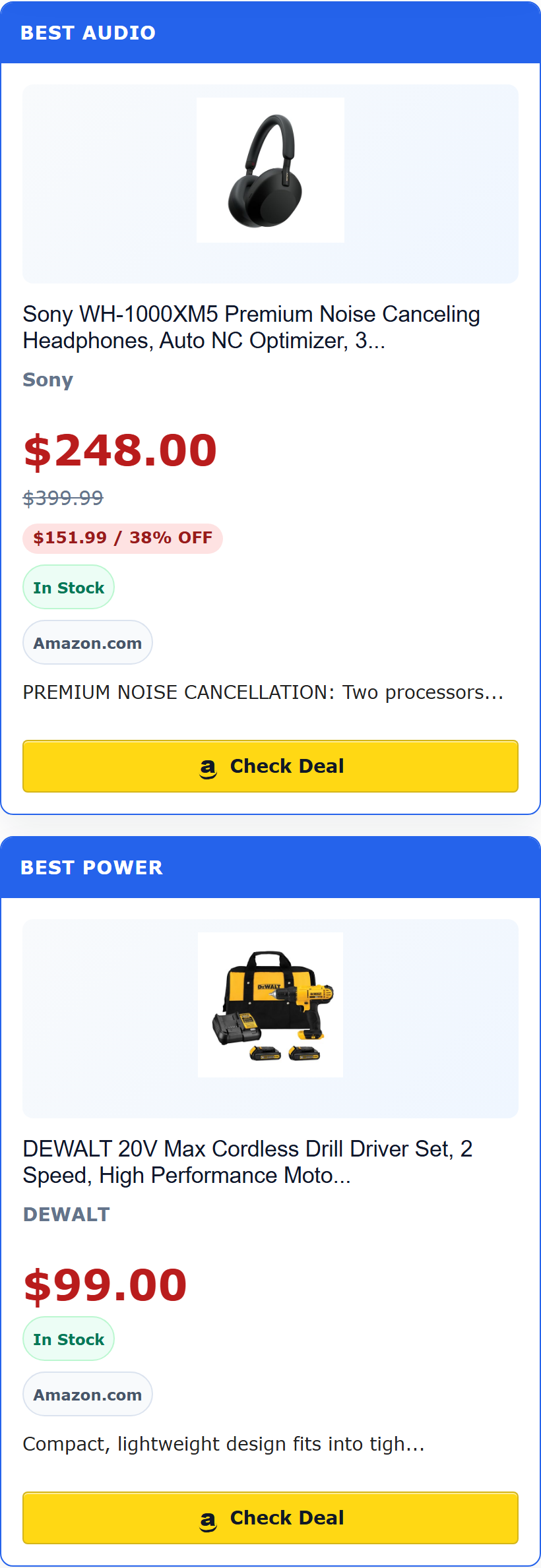 Mobile comparison cards generated from the comparison table so narrow article layouts stay readable.