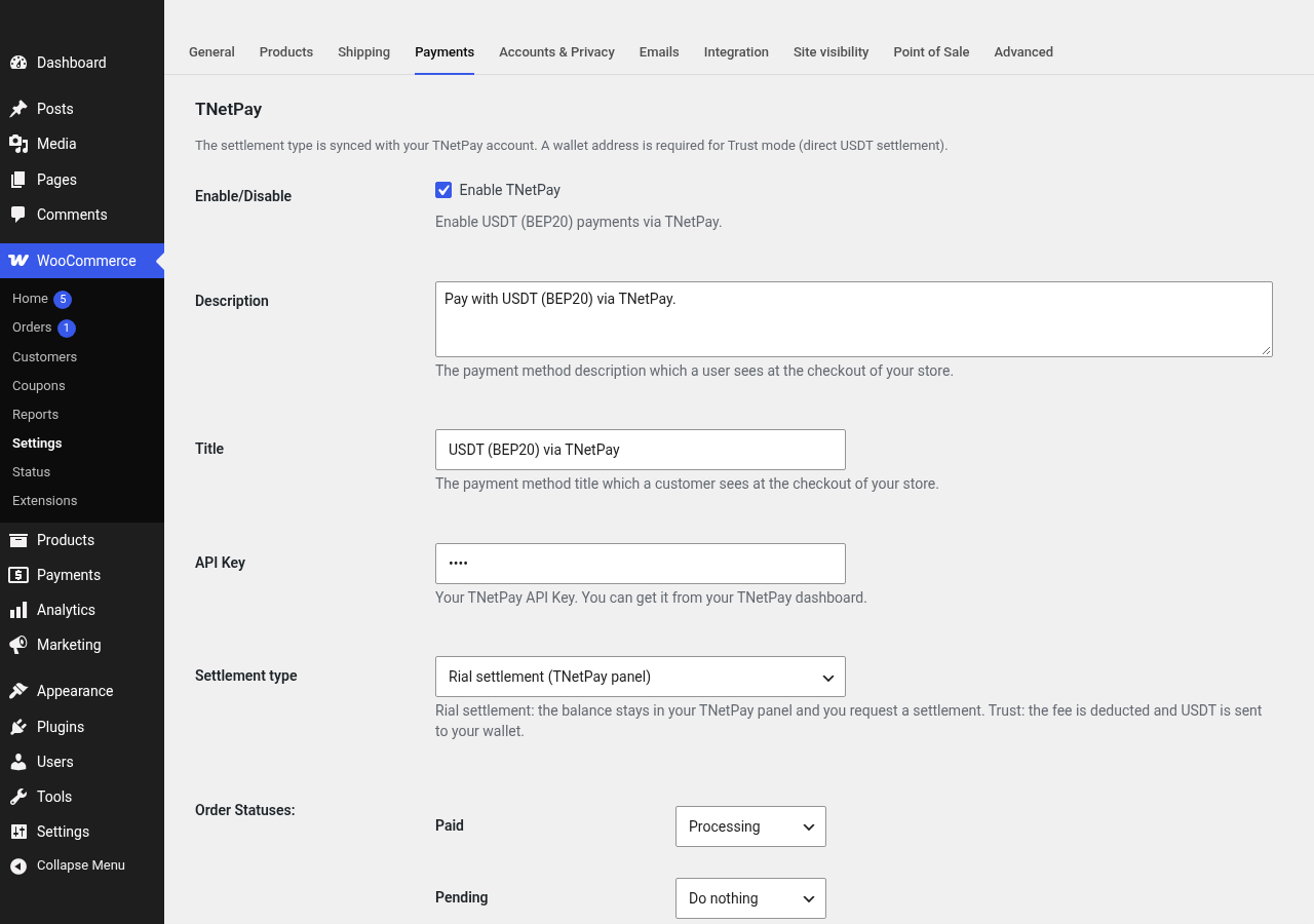 TNetPay gateway settings in WooCommerce → Settings → Payments.