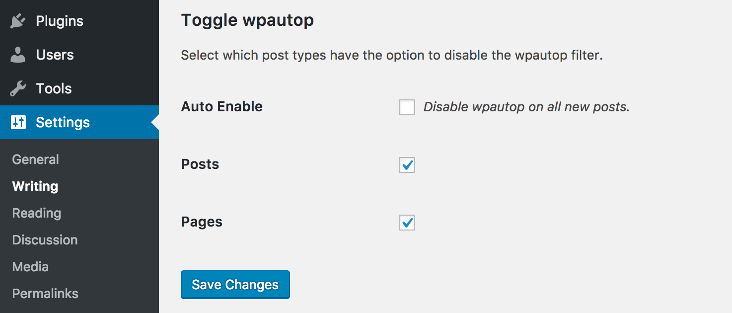 Settings-&gt;Writing page with plugin settings.