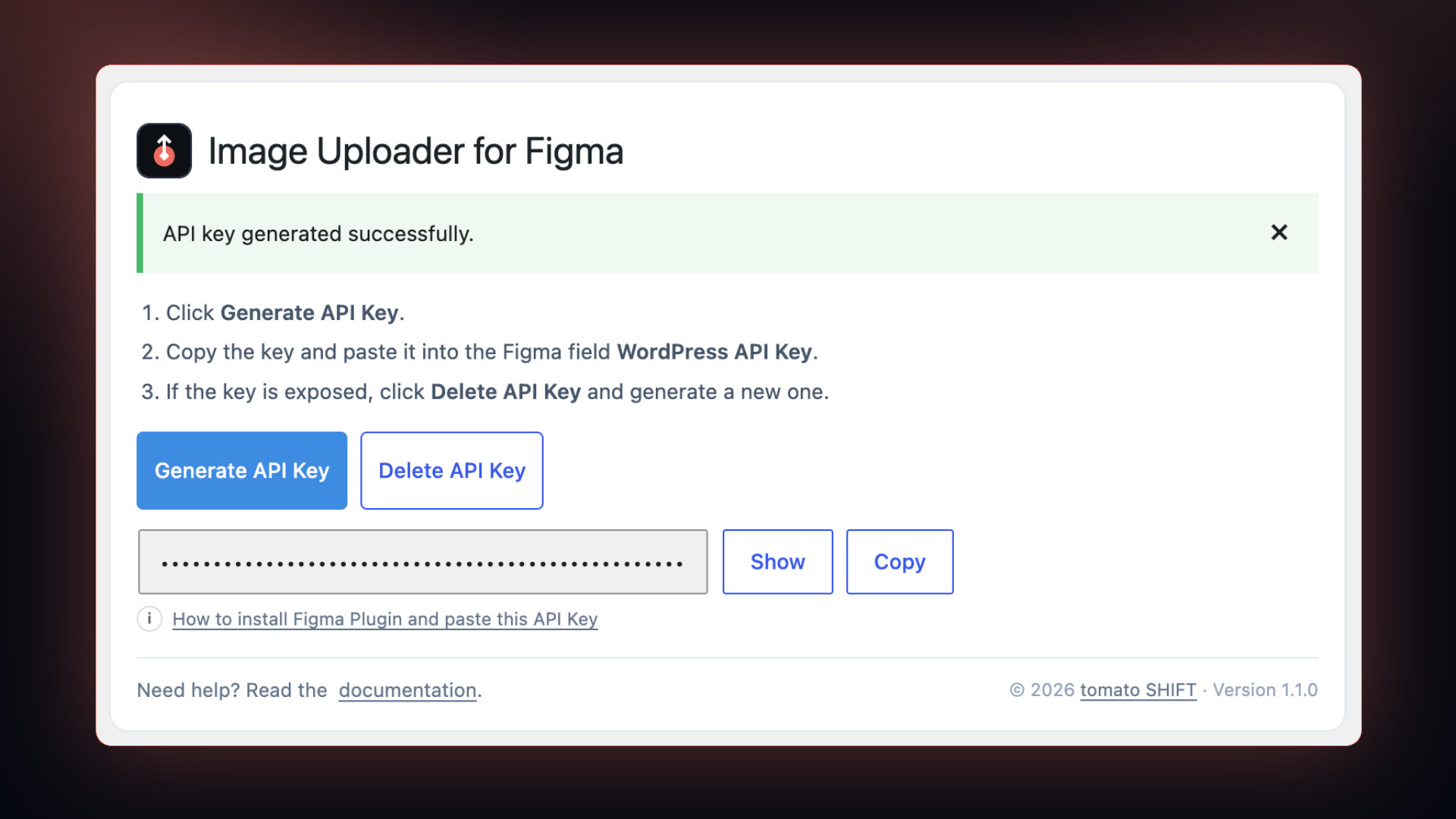 Settings > tomatoSHIFT Image Uploader for Figma: generate the API key and copy it into the Figma plugin.