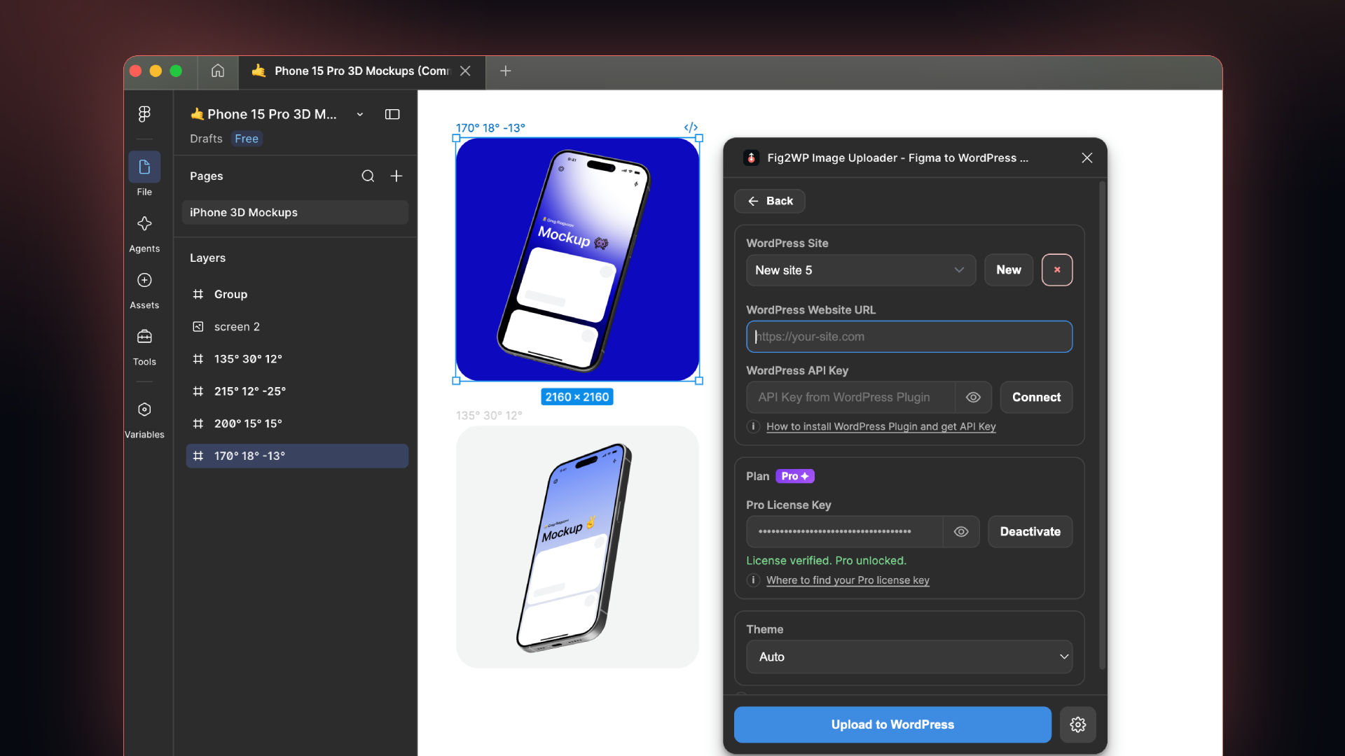 Paste your WordPress site URL and API key into the Figma plugin to connect.