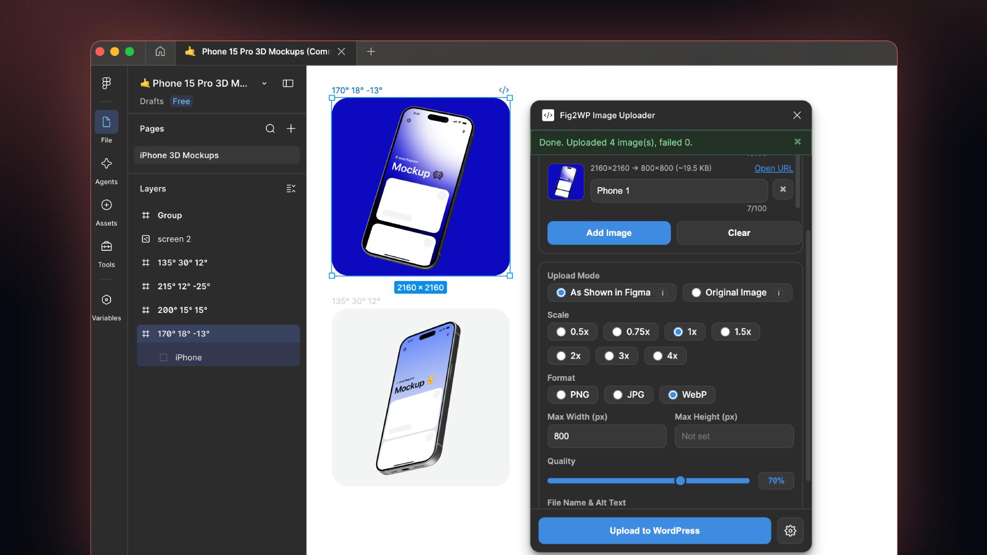 Select layers on the Figma canvas and upload them in one batch.