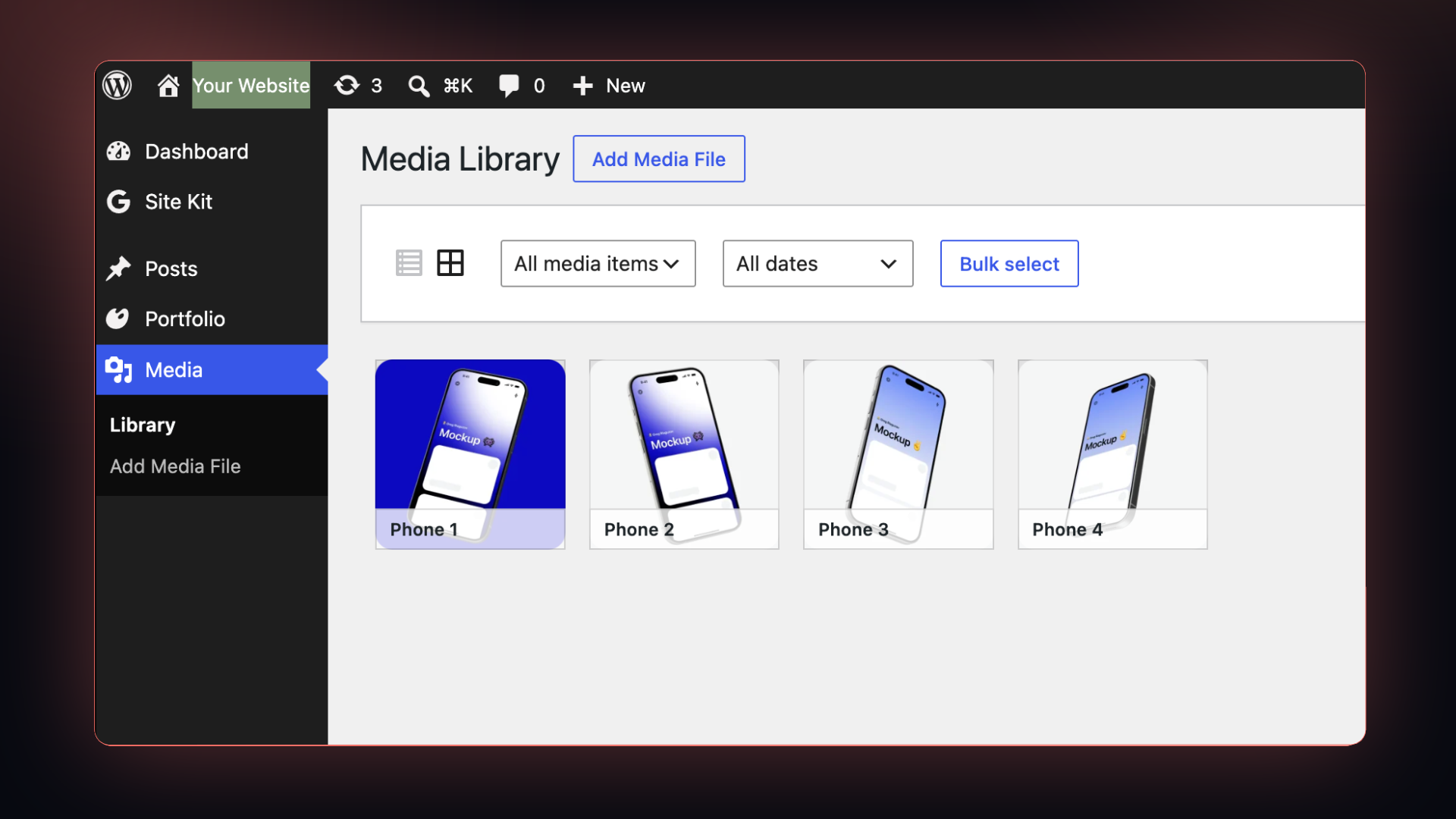 The uploaded images land straight in the WordPress Media Library.