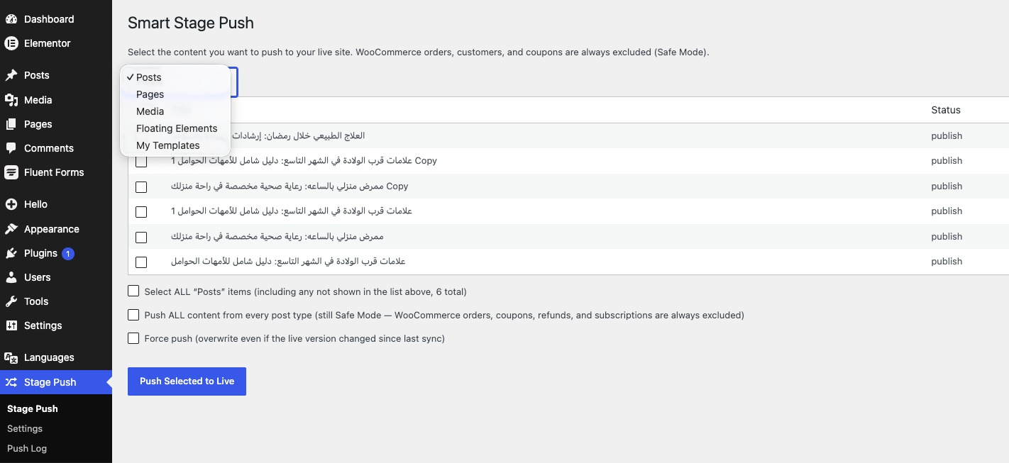 The Settings screen — connect your local/staging site to your live site with a URL and API key.