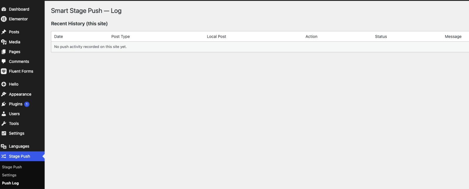 The Push Log screen — see the result of every push, including inline media imported.