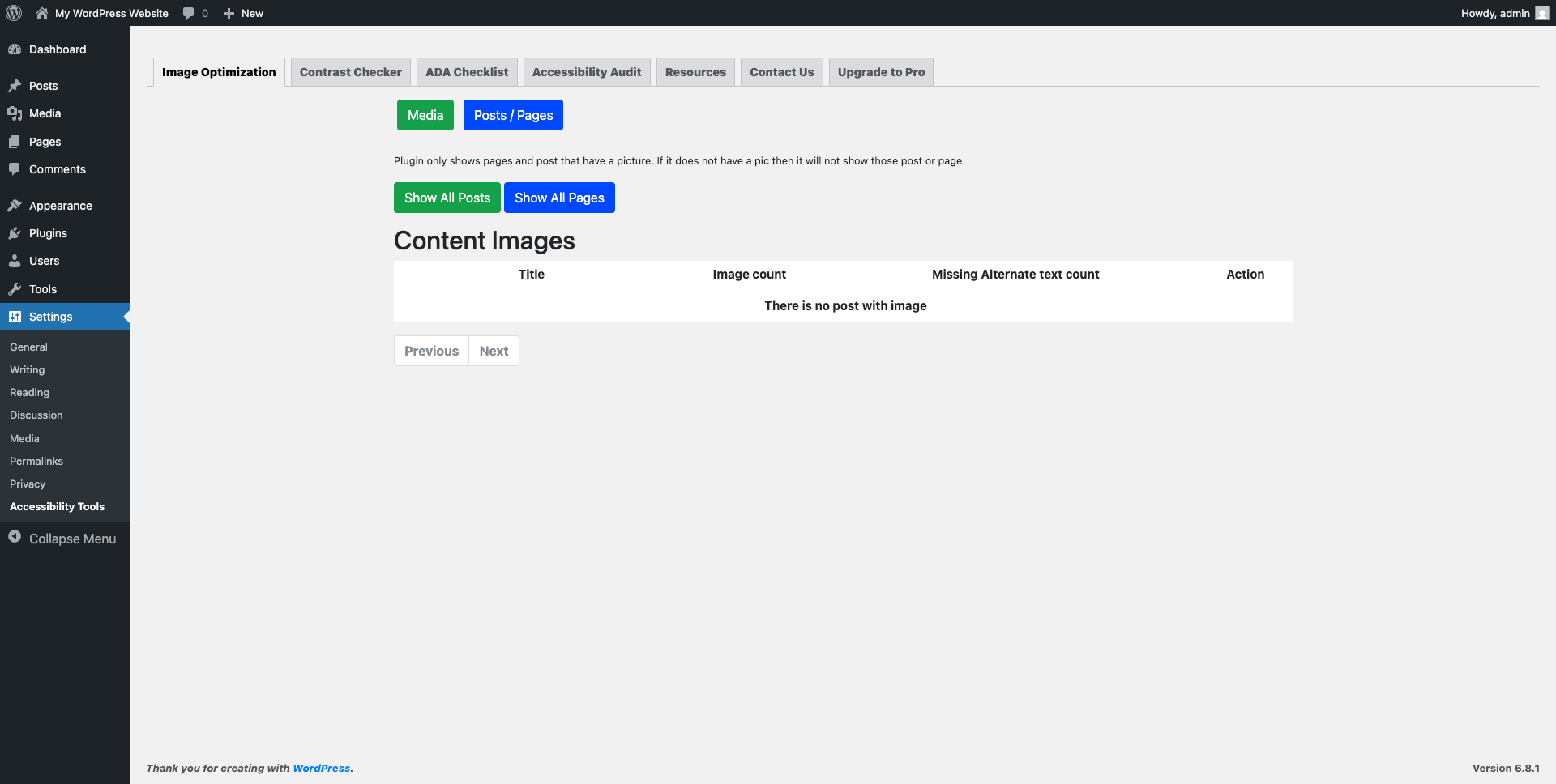 <p>Displays all of the photos on your pages or posts so you can easily add any missing ALT Text.</p>