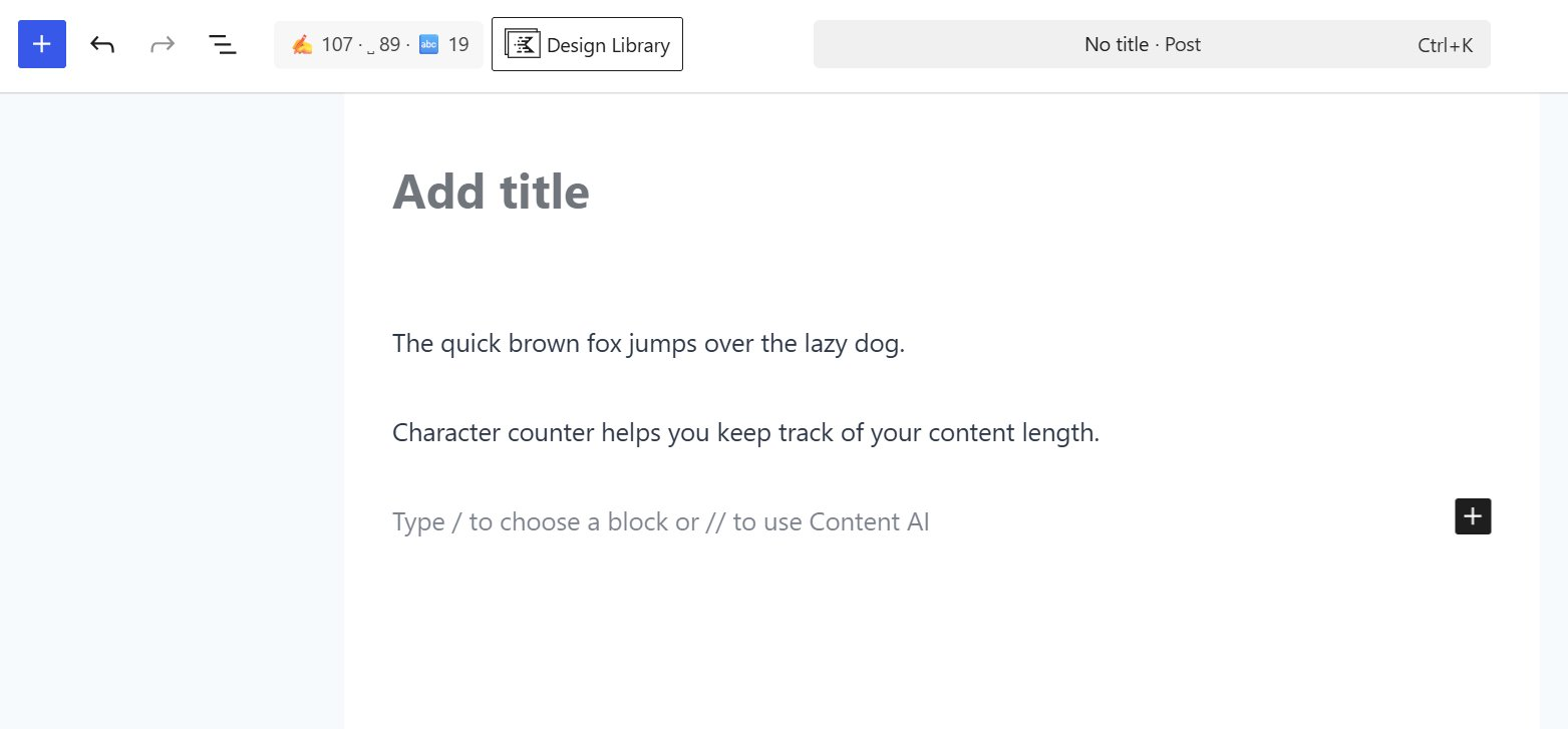 Character and word counter displayed in the Gutenberg editor toolbar.
