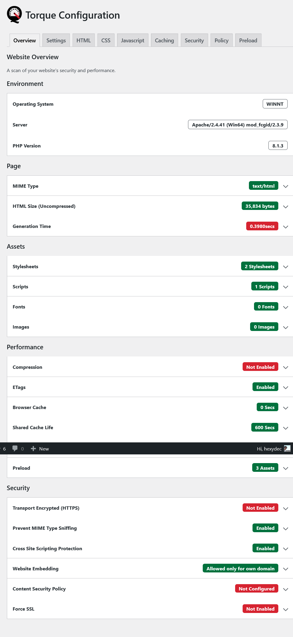 The Overview screen analyses your website and gives recommendations