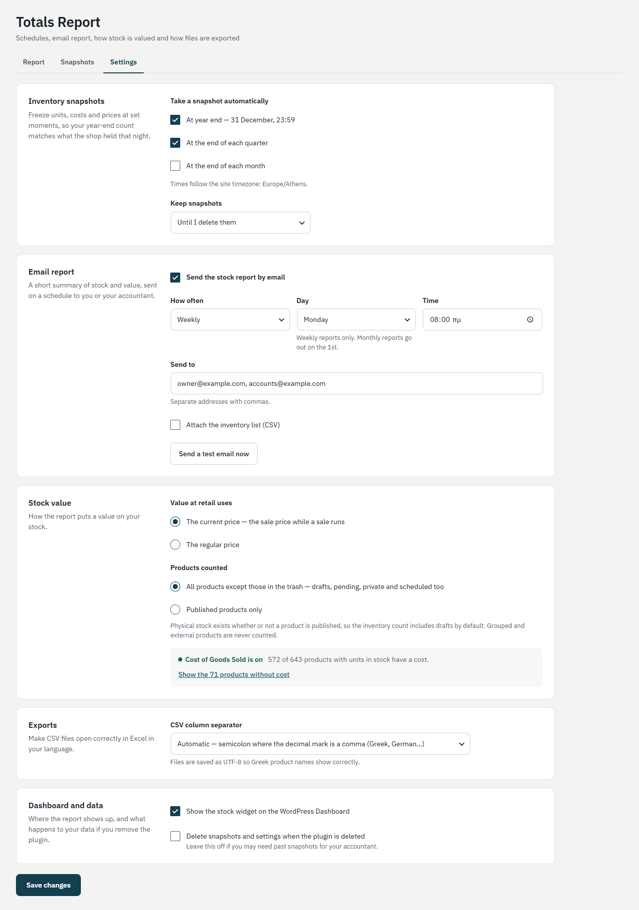 Settings: snapshot schedule, email report, stock value and exports.