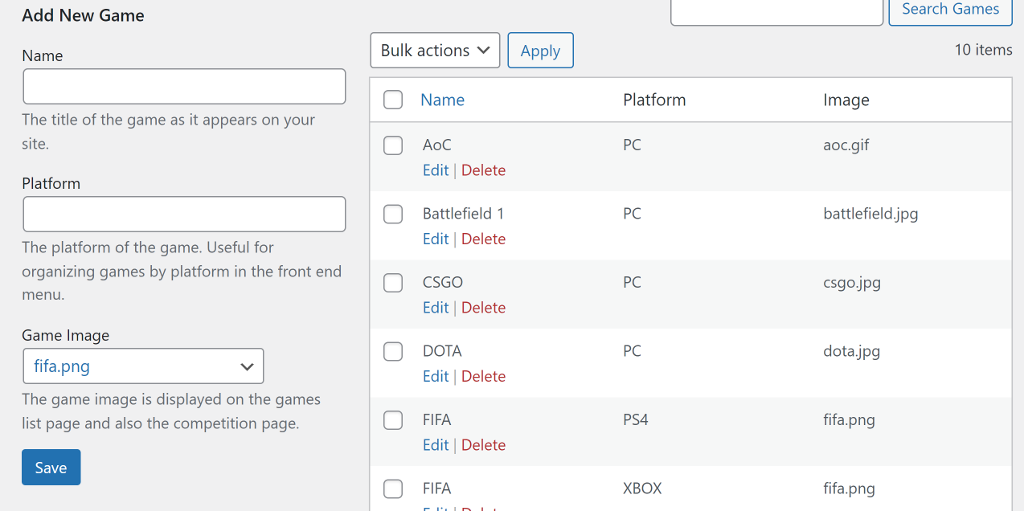 The WordPress backend <strong>Manage Games</strong> page. You can upload game thumbnails, create new games, edit existing games, and delete games on this page.