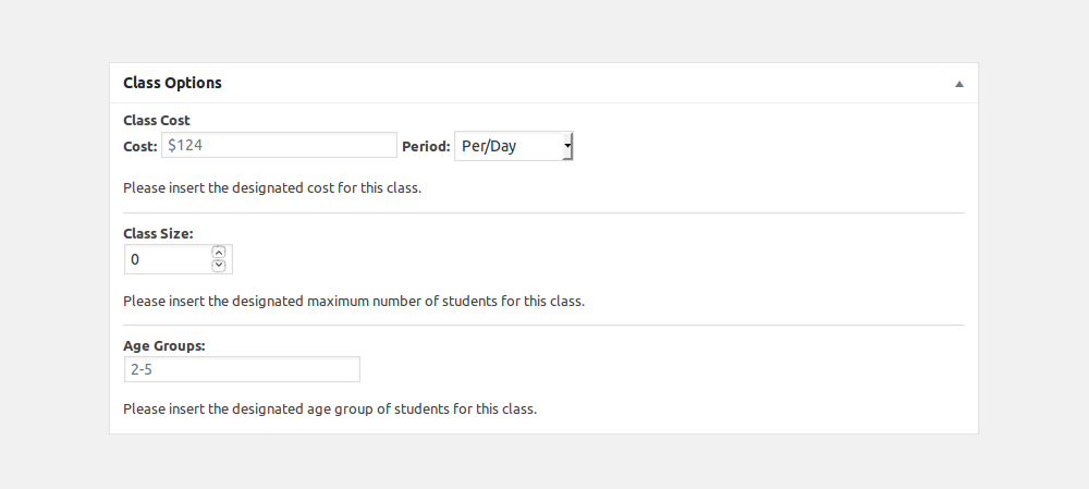 Class Meta Fields
<ol>
<li>Event Meta Fields</li></ol>