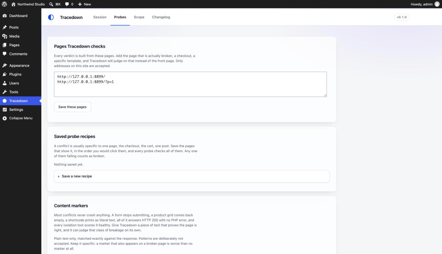 Probes: the pages and content markers every verdict is built from.