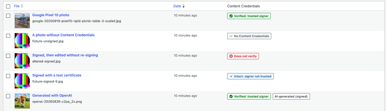 The Content Credentials column in the Media Library list.