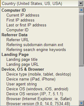 <p>Some of the Page and Link Tracker rules can be triggered based on a variety of website and blog visitor data such as visitor's Current IP address, First IP address, Last or First IP address, Computer ID, Referrer URL, Referring subdomain, Referring search engine keywords, Landing page title, Landing page URL, Device types such as mobile, tablet and desktop, Device names such as iPad, iPhone, User agent strings, Device OS, Device OS version, Browsers, and other options.</p>